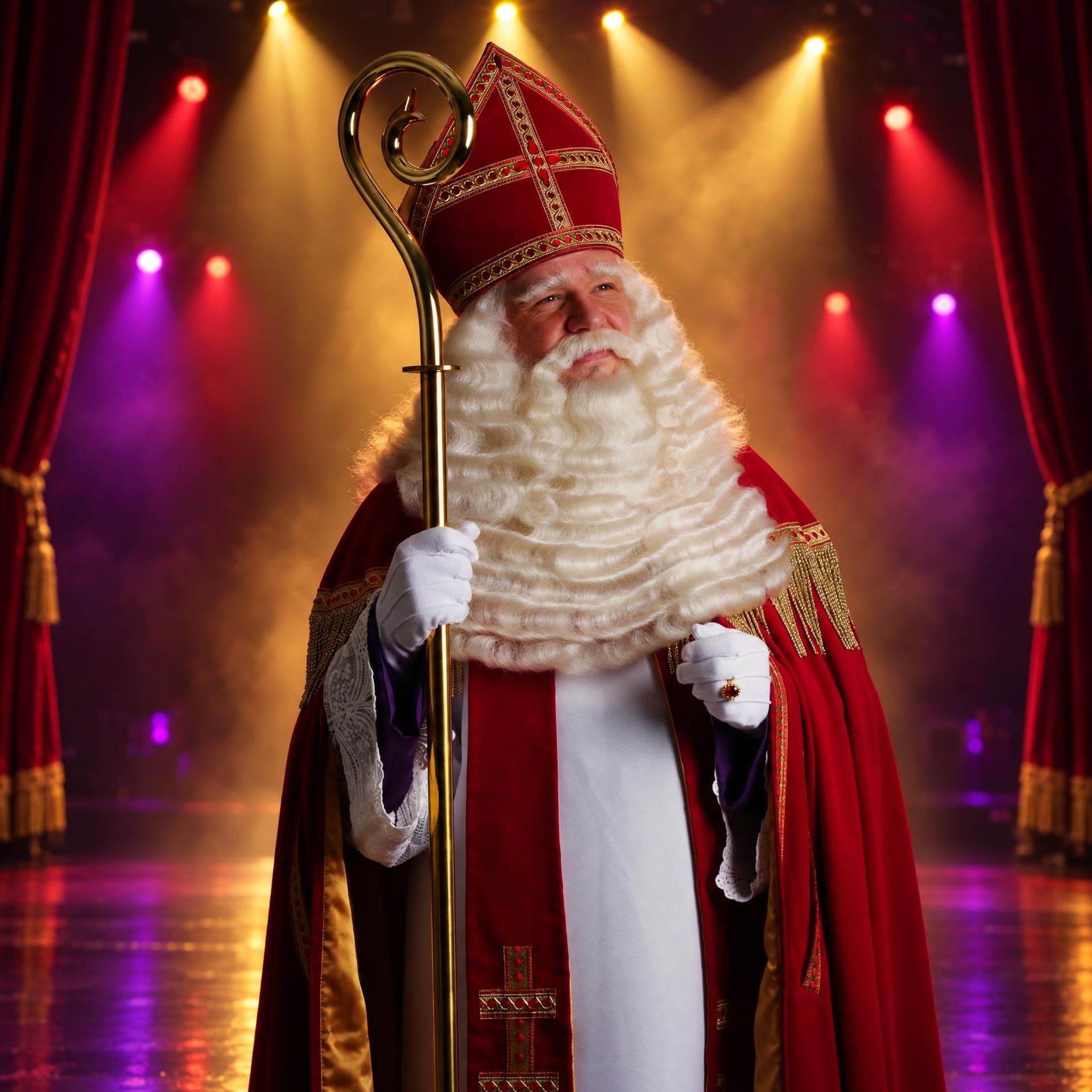 De Kerstman in een rood gewaad met een gouden staf staat op een podium met kleurrijke lichtjes.