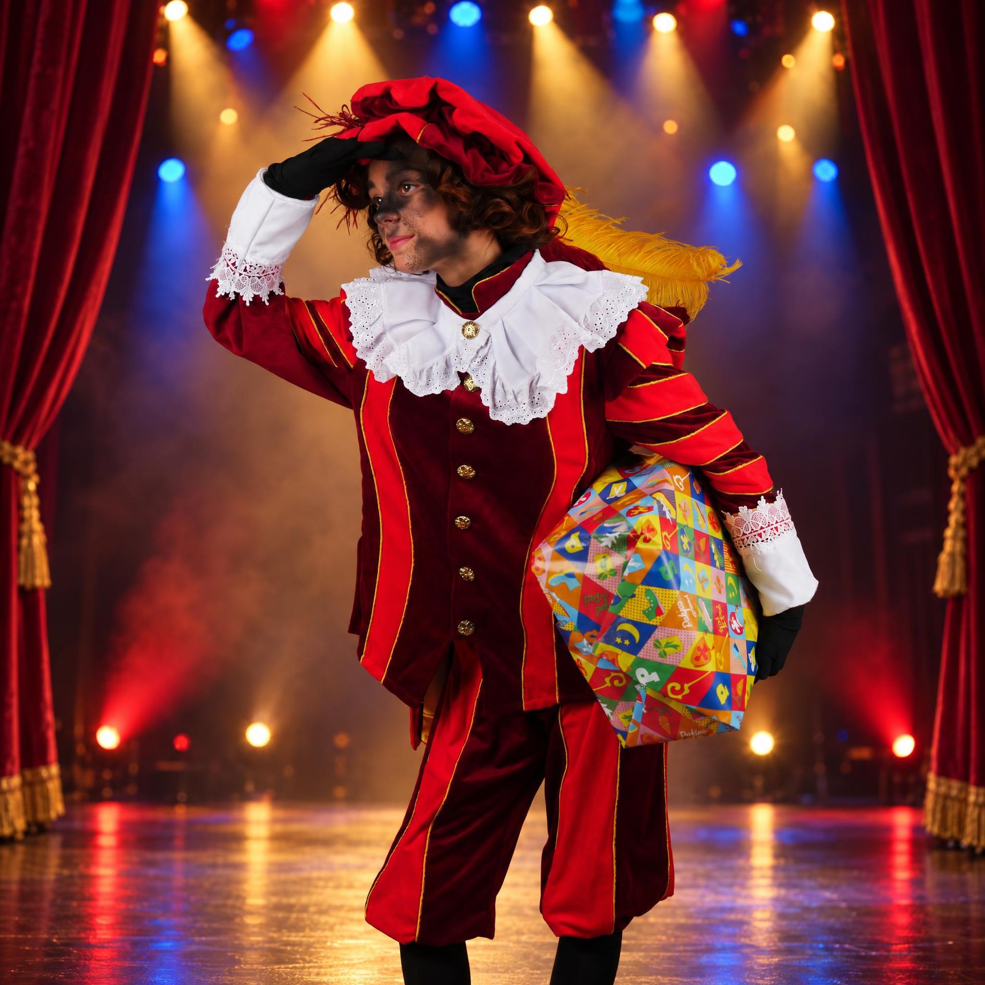 Artiest in rood theaterkostuum en hoed, met een kleurrijke tas in de hand, op een verlicht podium met gordijnen.