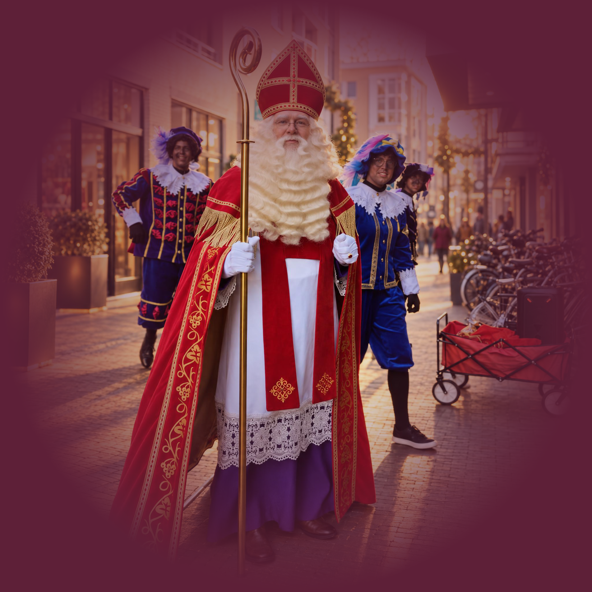 Sint Nicolaas in rode gewaden met twee bedienden, staand in een feestelijke straatscène.
