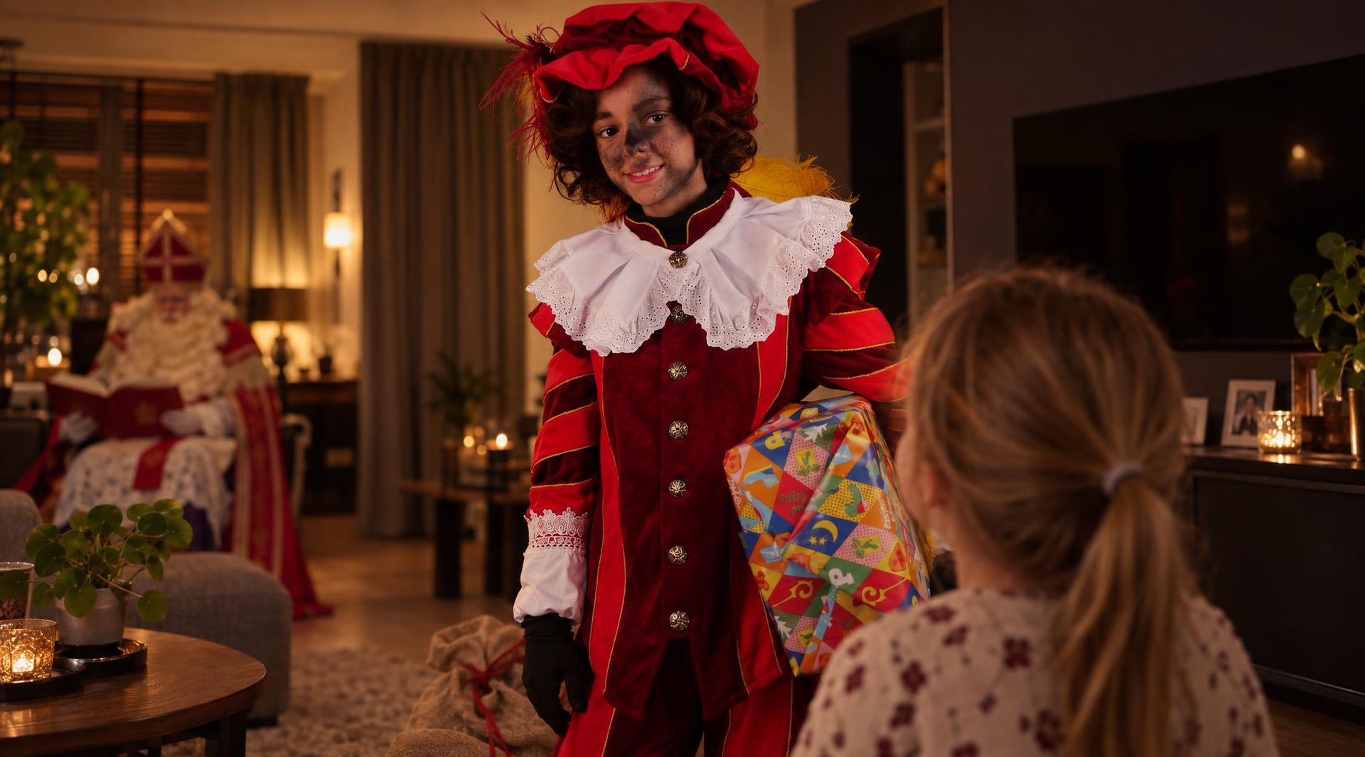 Een persoon in een rood kostuum en hoed geeft een ingepakt cadeau aan een kind in een versierde woonkamer.