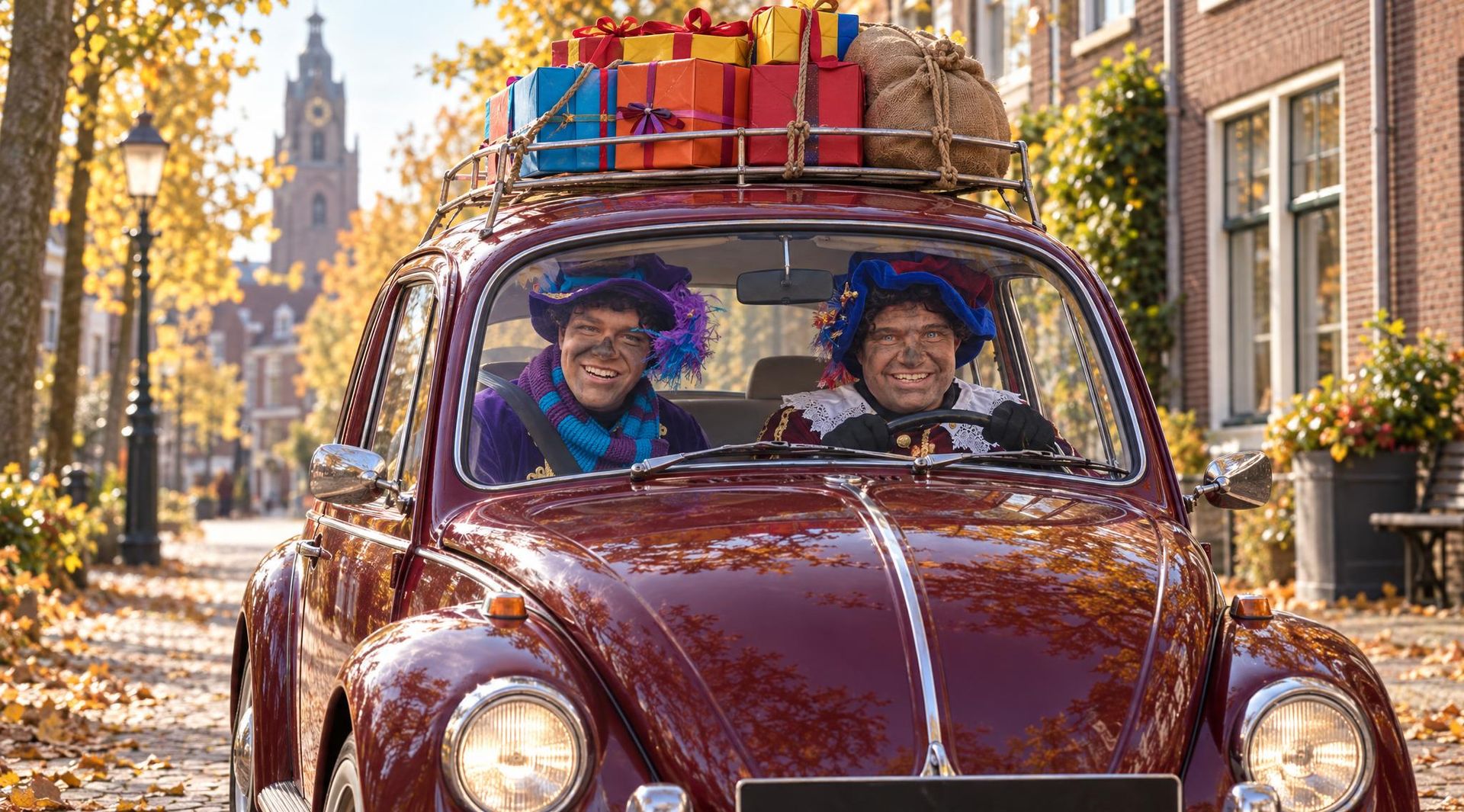 Twee mensen in een rode oldtimer, die kerstcadeaus vervoeren, rijden door een besneeuwde straat en glimlachen