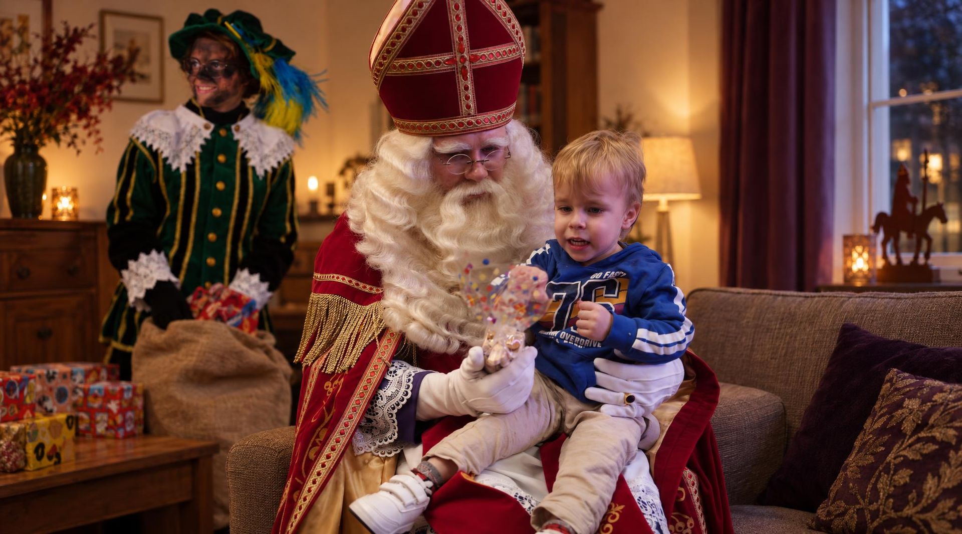 De kerstman houdt een peuter vast in een gezellige woonkamer, met een elfje erachter.