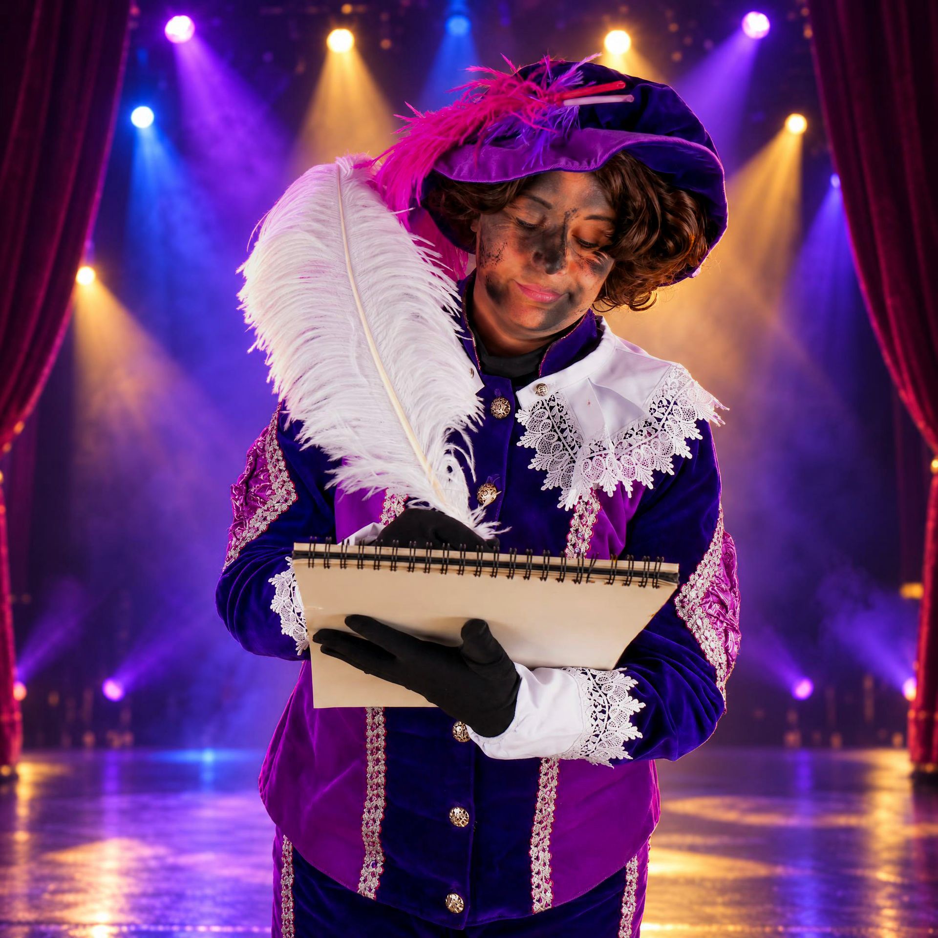 Een artiest in een paars kostuum met een hoed met veren, die een schetsblok vasthoudt op een theaterpodium