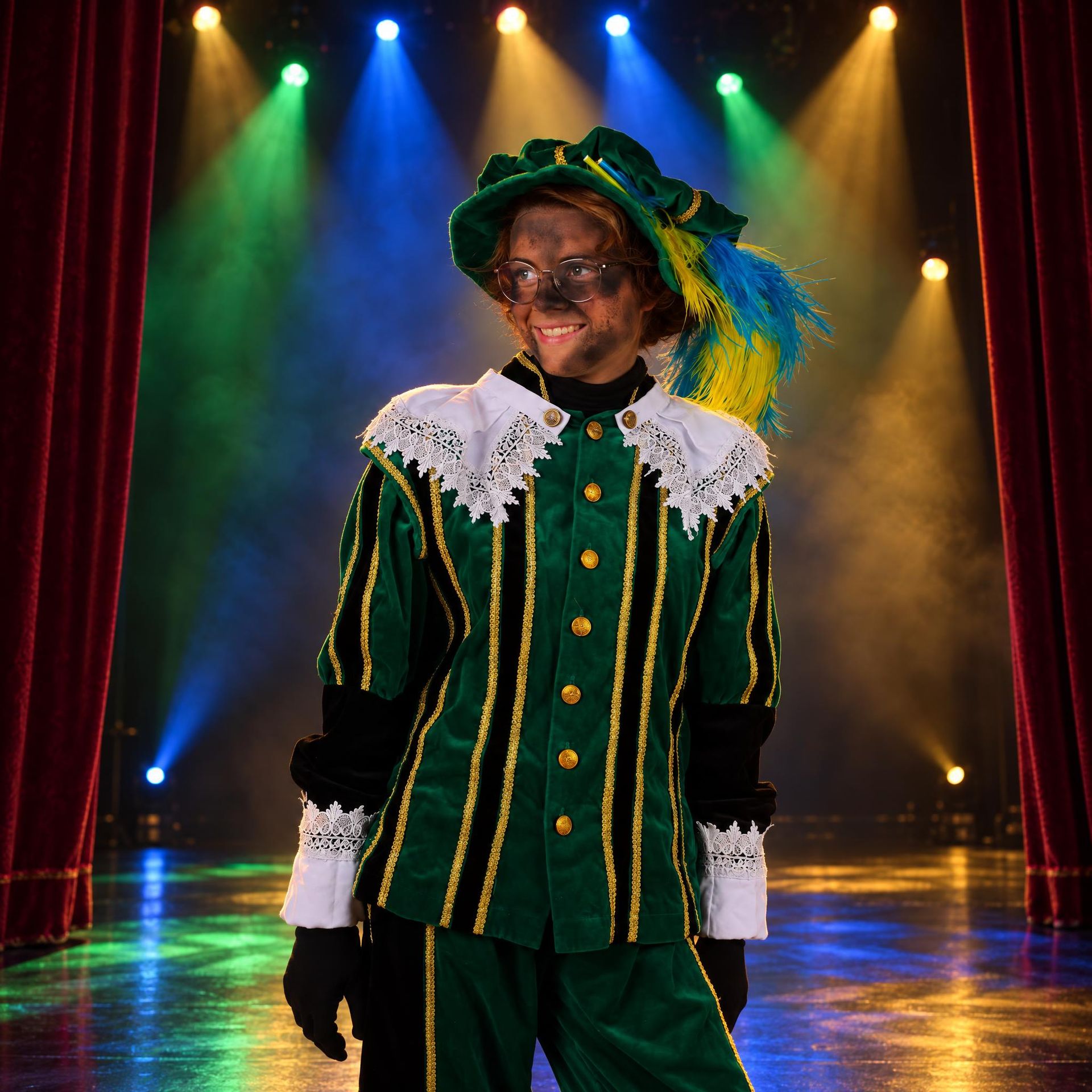 Een persoon in een groen fluwelen kostuum en een hoed met veren staat op een verlicht podium met kleurrijke schijnwerpers.