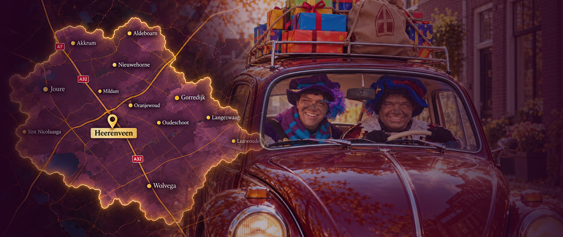 Twee lachende mensen in een rode auto met bagage, afgebeeld tegen een oplichtende kaart van Colombia.