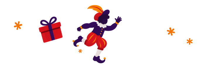Een cartoonnar in paars en oranje danst naast een rode geschenkdoos met confetti sterren.