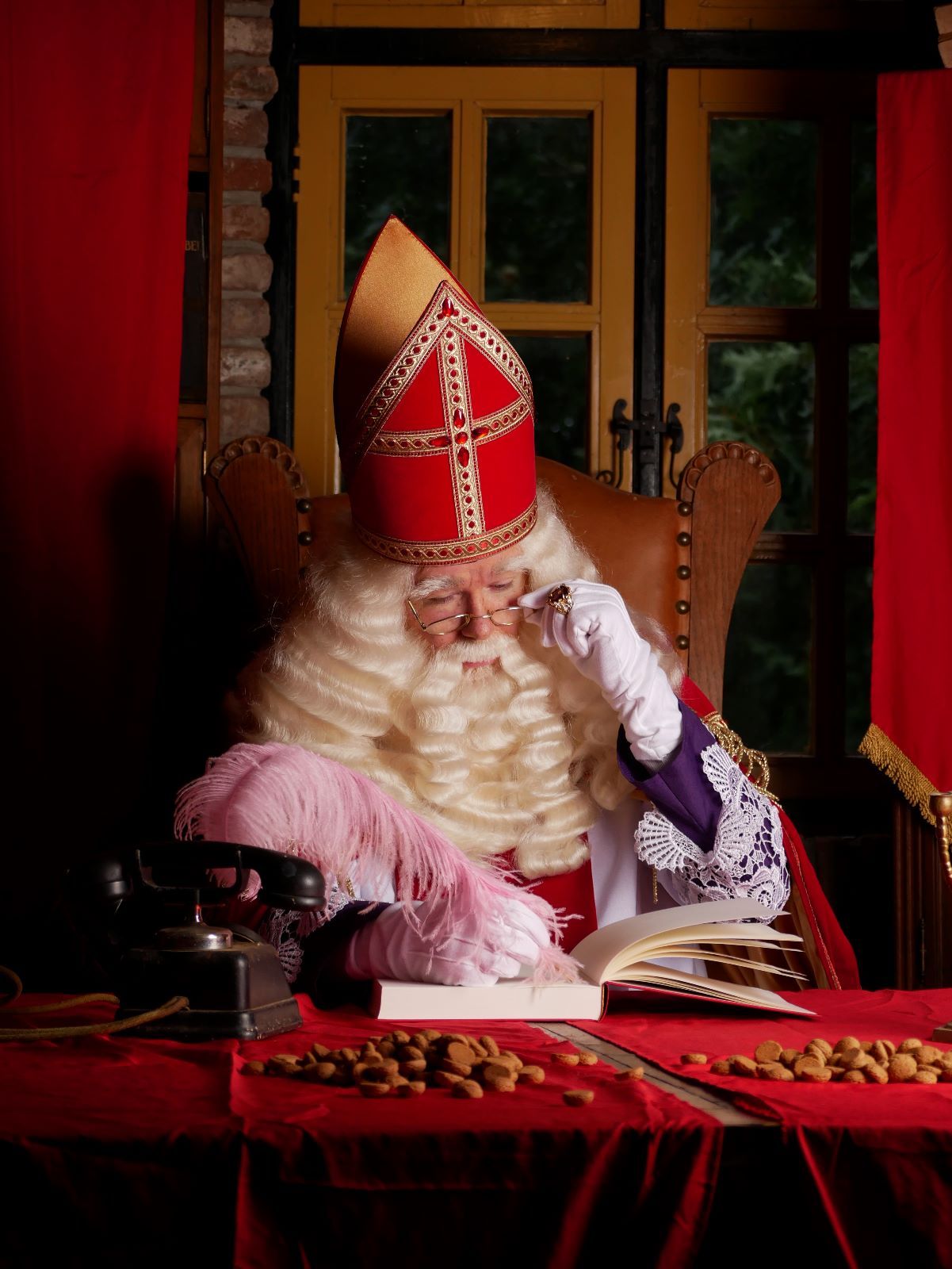Sinterklaas in rode toga en mijter zit aan een bureau, een boek te lezen en heeft speculaasjes bij zich.