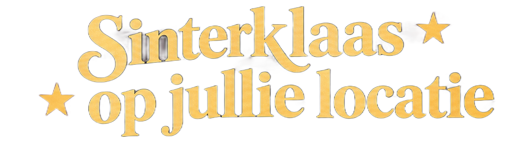 Gouden tekst “Sinterklaas op jullie locatie” met sterren op witte achtergrond