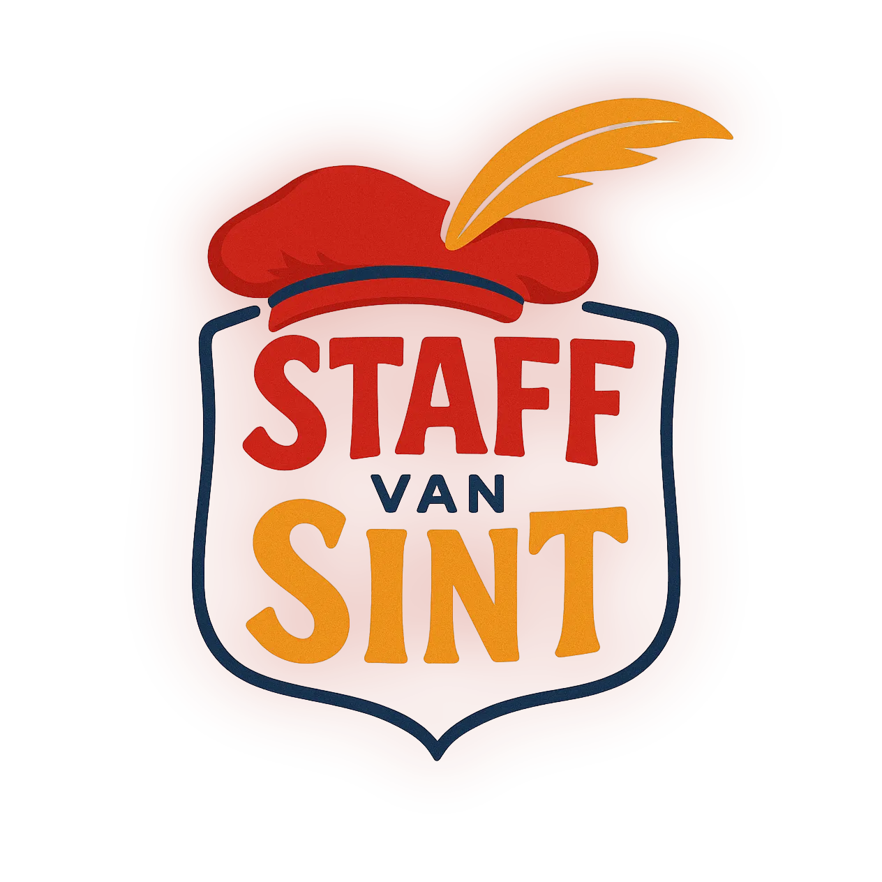 Het Staff van Sint-logo met rode hoed, oranje veer en blauw-rode tekst op een witte achtergrond.