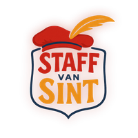 Het Staff van Sint-logo met rode hoed, oranje veer en blauw-rode tekst op een witte achtergrond.