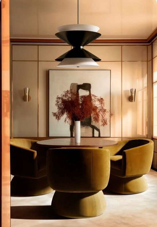 Modern Lounge With Mustard Chairs Around A Round Table — Everyday Interiors in Helensburgh, NSW