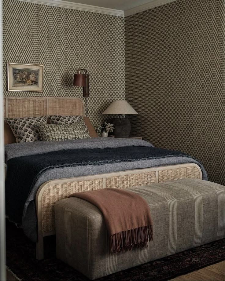 Cozy Bedroom With Patterned Wallpaper And A Wicker Bed — Everyday Interiors in Helensburgh, NSW