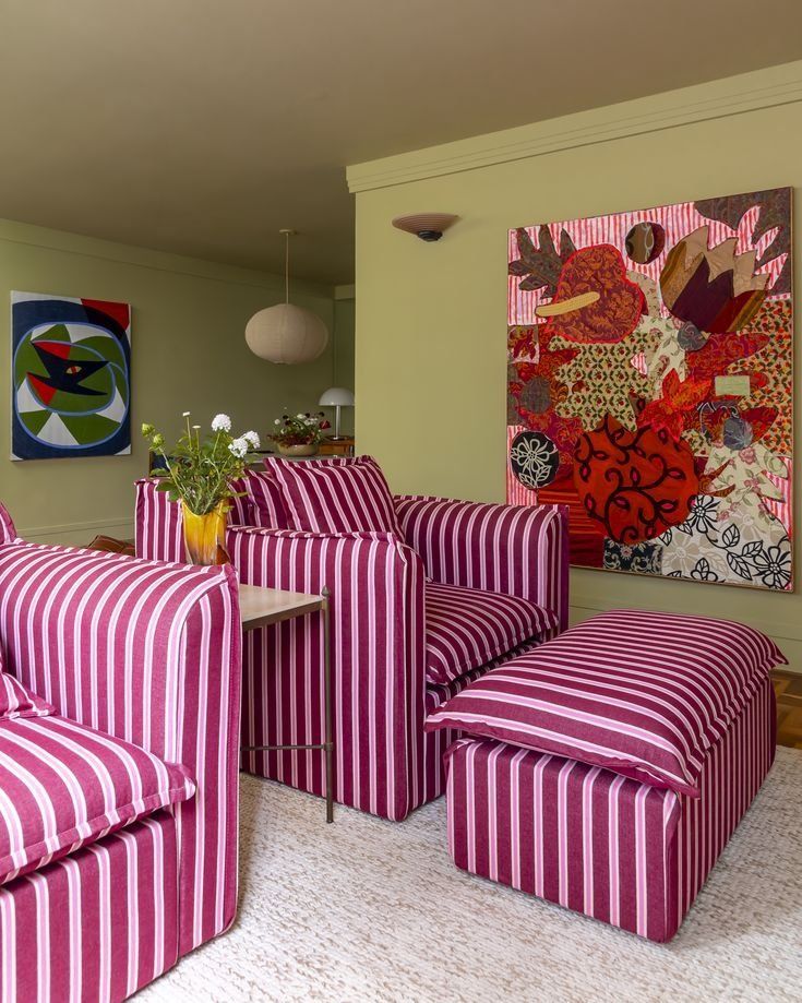 Living Room With Pink Striped Furniture And Colorful Abstract — Everyday Interiors in Helensburgh, NSW