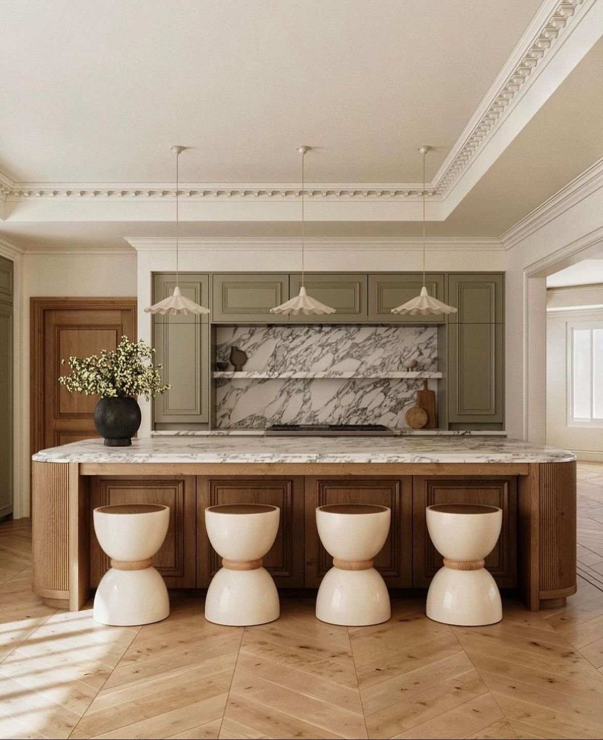 Elegant Kitchen With A Large Marble Island, Four Stool — Everyday Interiors in Helensburgh, NSW