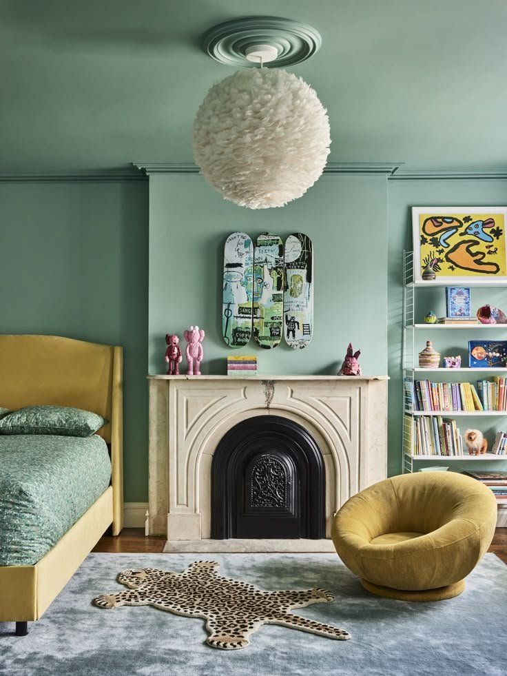 Pastel Bedroom With Green Walls, Mustard Bed And Chair — Everyday Interiors in Helensburgh, NSW