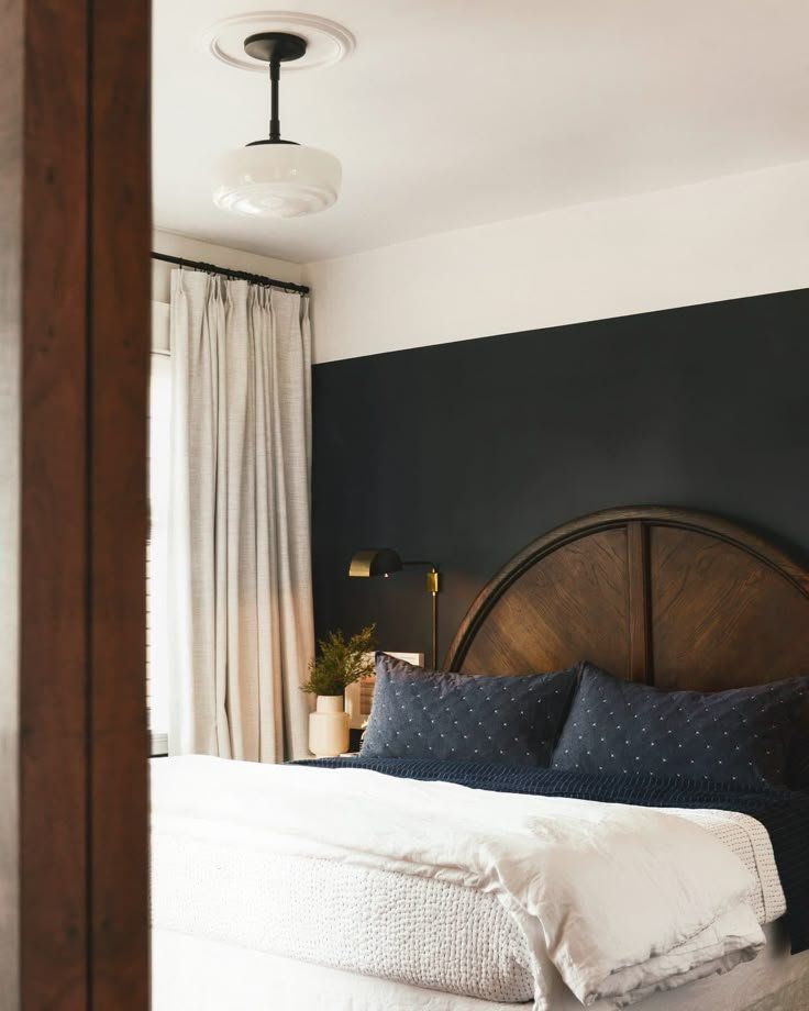 Modern Bedroom With A Black Accent Wall, Arched Wooden Headboard — Everyday Interiors in Helensburgh, NSW