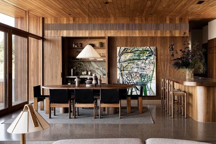 Modern Wood Paneled Kitchen And Dining Room With Large Windows — Everyday Interiors in Helensburgh, NSW