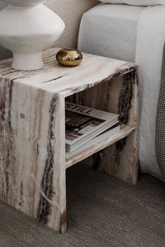 Rustic Marble Side Table With Decor Beside A Gray Sofa And Lamp — Everyday Interiors in Helensburgh, NSW
