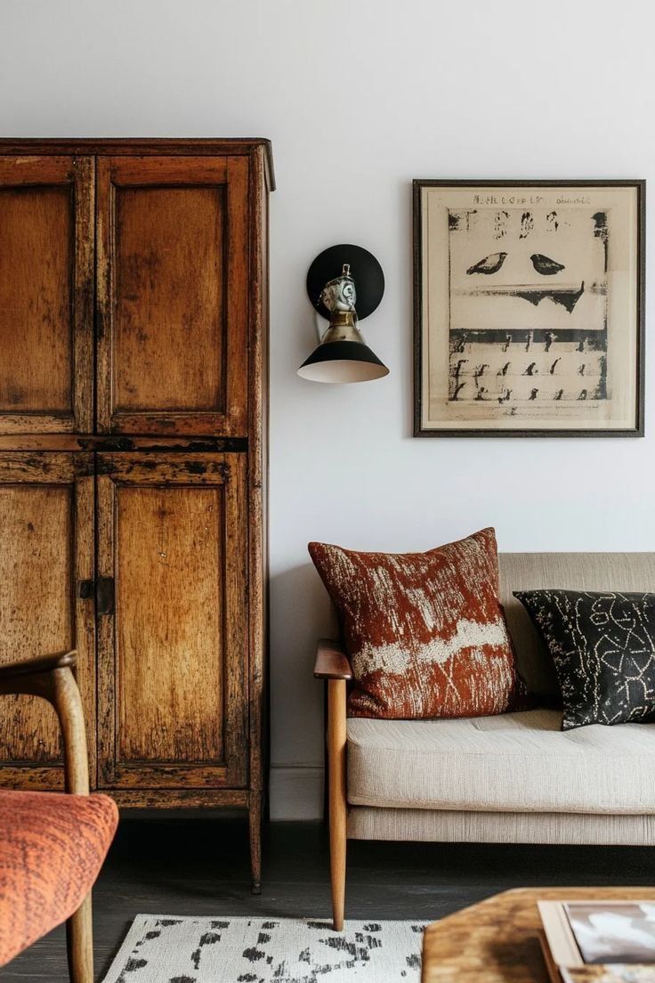 Cozy Living Room With Wooden Cabinet, Beige Sofa And Patterned Pillows — Everyday Interiors in Helensburgh, NSW