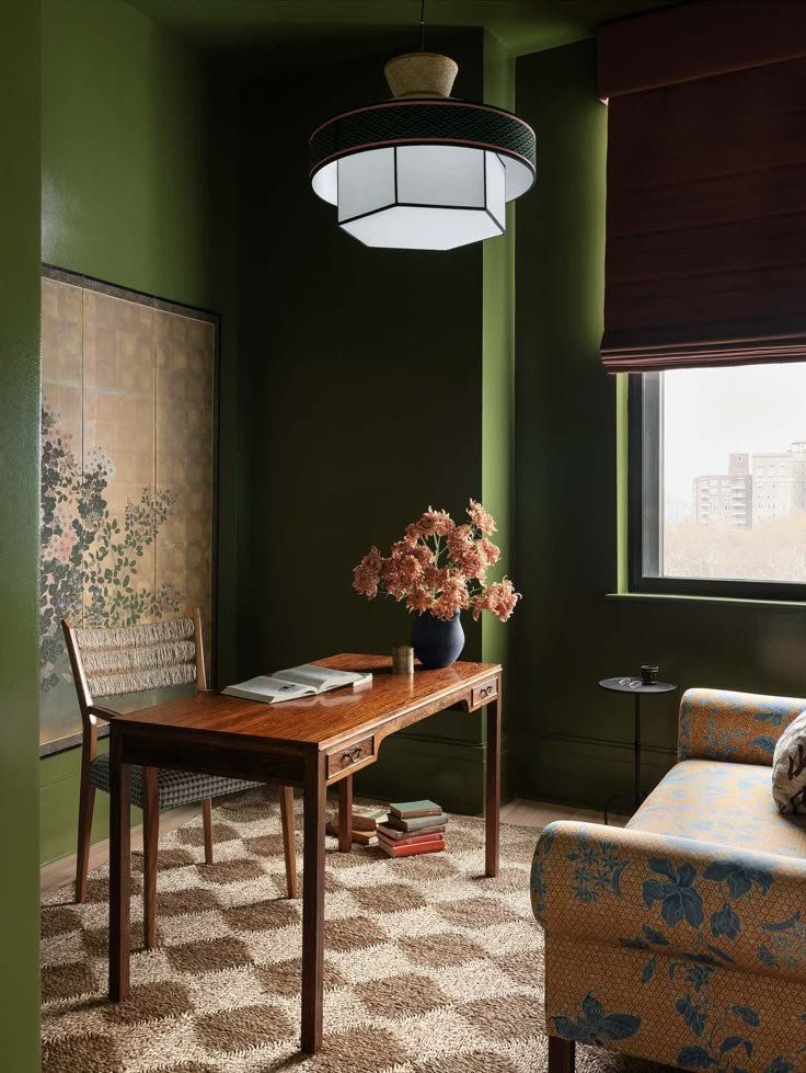 Cozy Green Sitting Room With A Wooden Desk And A Floral Chair — Everyday Interiors in Helensburgh, NSW
