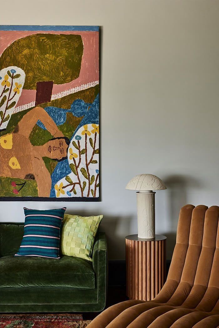 Modern Living Room With Green Velvet Sofa And Striped Chair — Everyday Interiors in Helensburgh, NSW