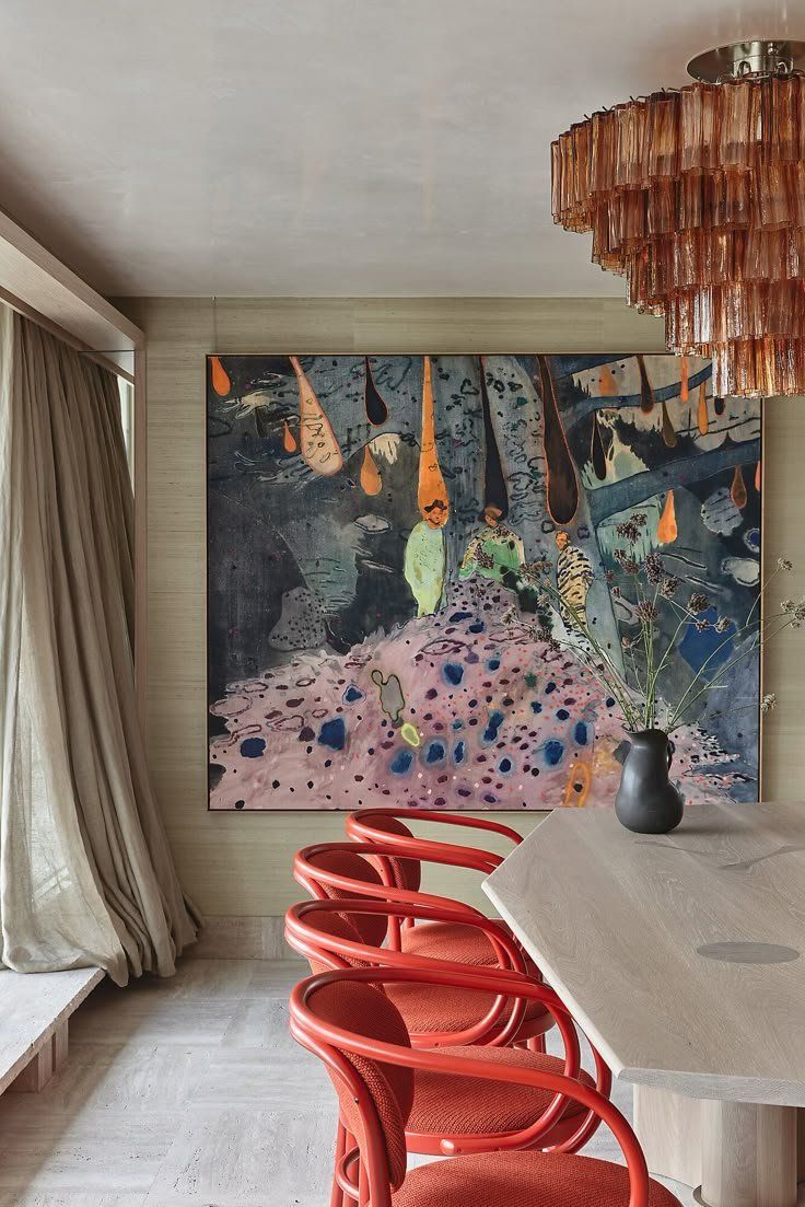 Modern Dining Room With Coral Chairs And A Large Abstract Painting — Everyday Interiors in Helensburgh, NSW
