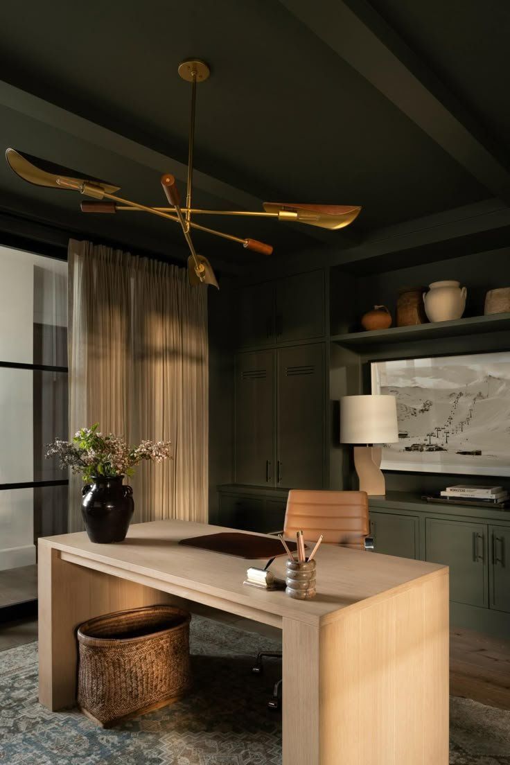 Modern Dark Kitchen With Wood Island, Brass Ceiling Fan — Everyday Interiors in Helensburgh, NSW
