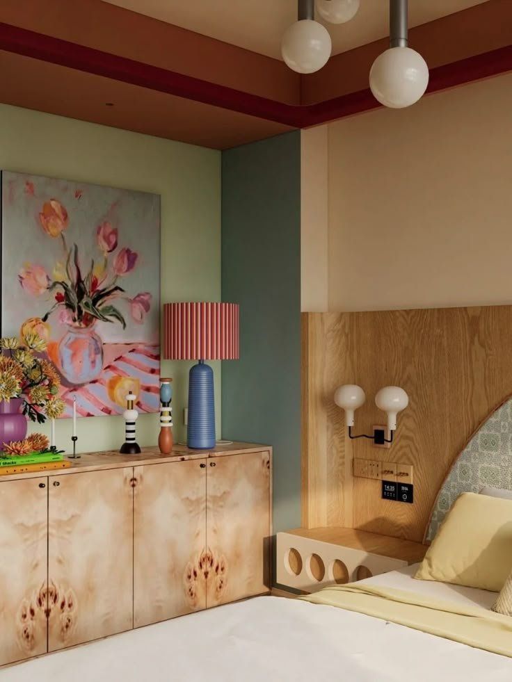 Modern Bedroom With Pastel Walls, Floral Art And A Wooden Cabinet — Everyday Interiors in Helensburgh, NSW