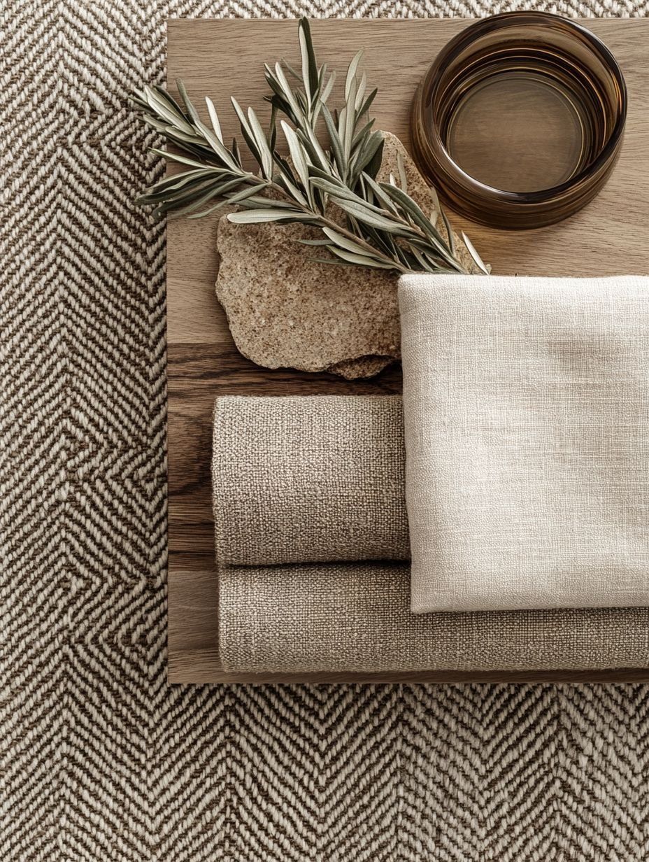 Folded Beige And Brown Textiles With Olive Sprig — Everyday Interiors in Helensburgh, NSW