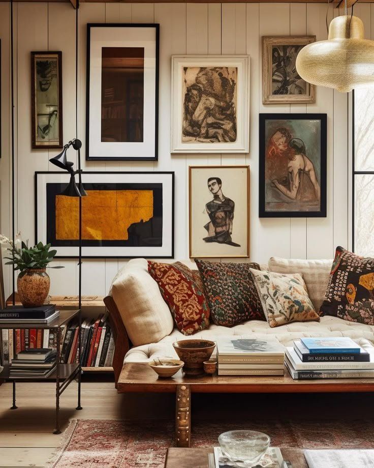 Cozy Living Room With Framed Art Wall, Beige Sofa And A Wood Coffee Table — Everyday Interiors in Helensburgh, NSW