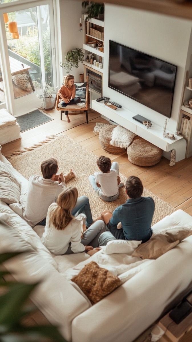 Family Seated In A Bright Living Room Watching TV Together — Everyday Interiors in Helensburgh, NSW