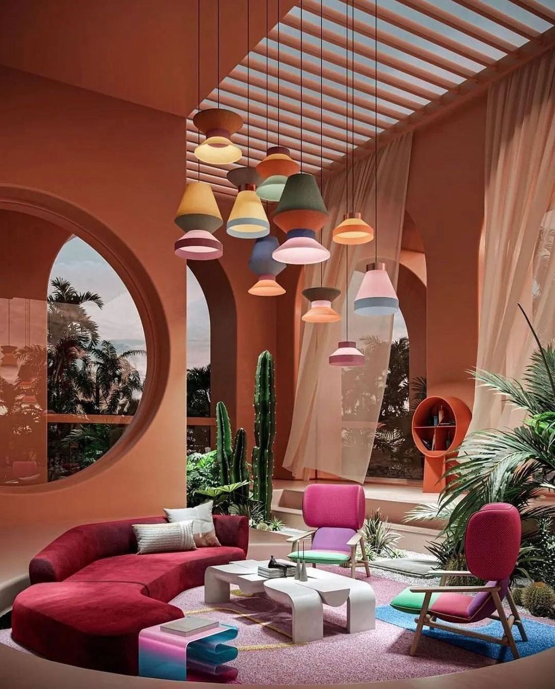 Colorful Lounge With Curved Pink Sofa, Hanging Pendant Lights — Everyday Interiors in Helensburgh, NSW
