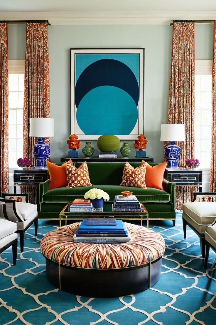 Colorful Living Room With Teal Rug, Green Sofa And A Patterned Ottoman — Everyday Interiors in Helensburgh, NSW