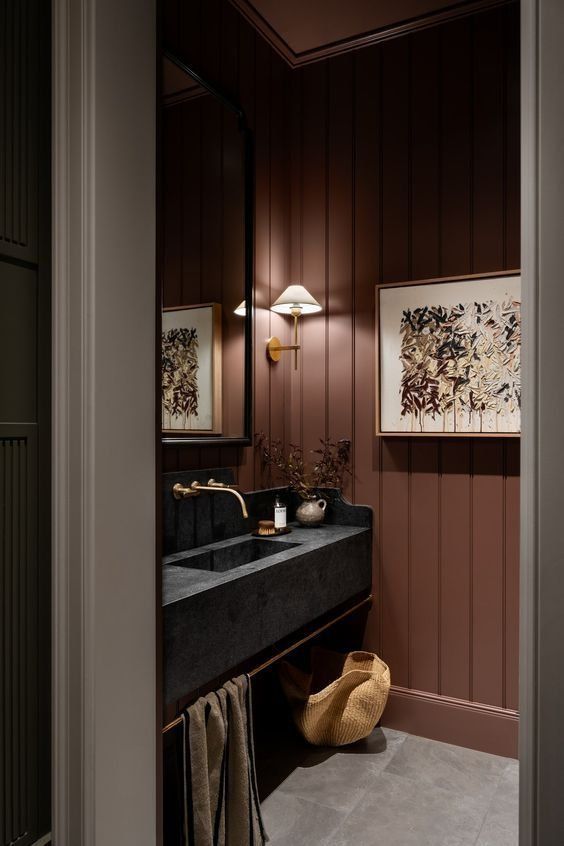 Elegant Powder Room With Dark Wood Walls And A Black Vanity — Everyday Interiors in Helensburgh, NSW