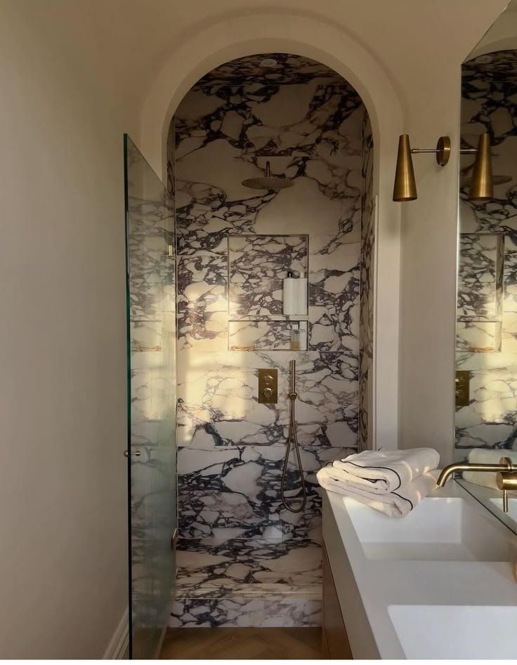 Marble Tiled Bathroom Shower Alcove With Brass Fixtures — Everyday Interiors in Helensburgh, NSW