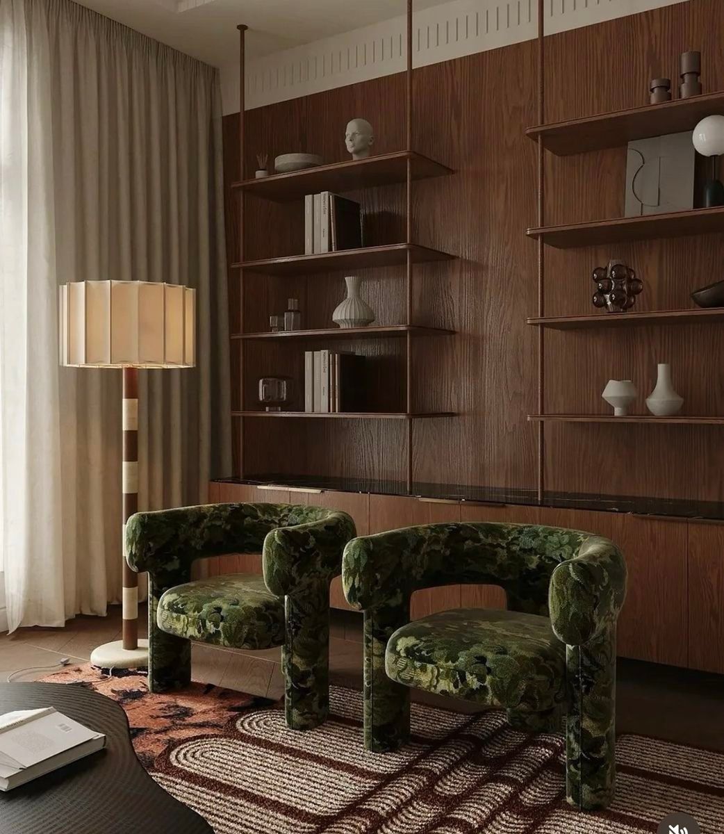 Modern Living Room With Green Velvet Chairs, Wood Shelving And A Lamp — Everyday Interiors in Helensburgh, NSW