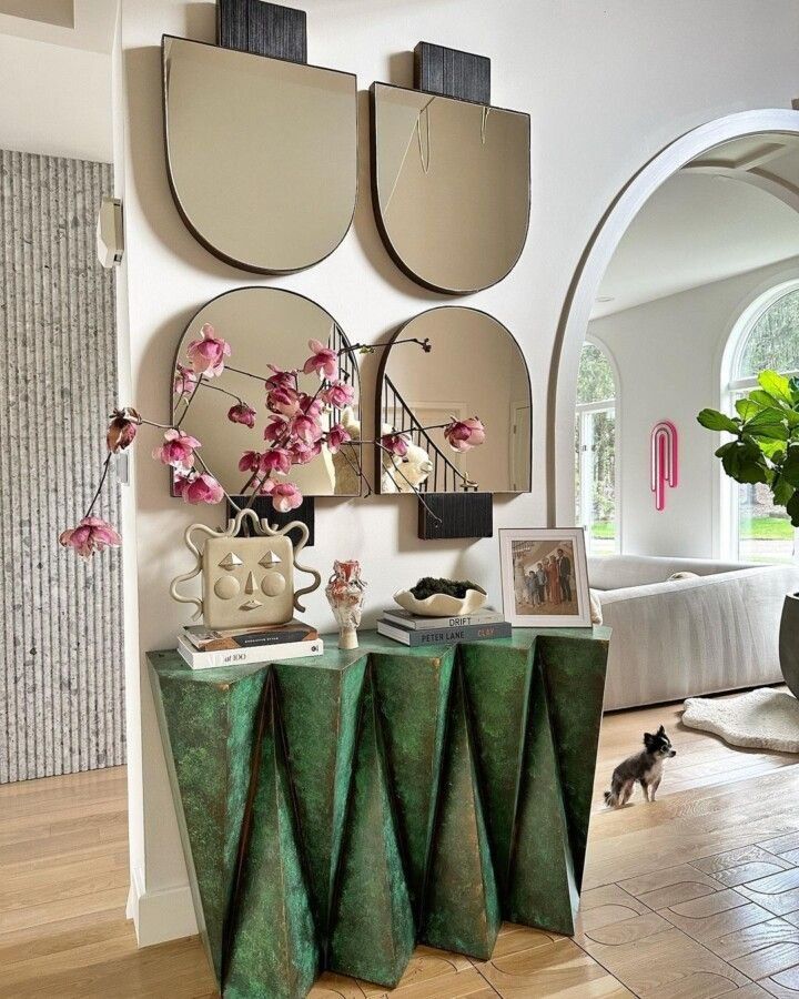 Modern Entryway With Abstract Wall Mirrors And Green Geometric Console — Everyday Interiors in Helensburgh, NSW