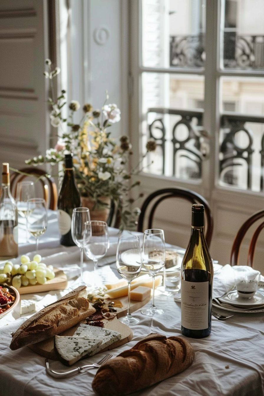 Set Dining Table With Bread, Wine, Glasses And Grapes By A Window — Everyday Interiors in Helensburgh, NSW