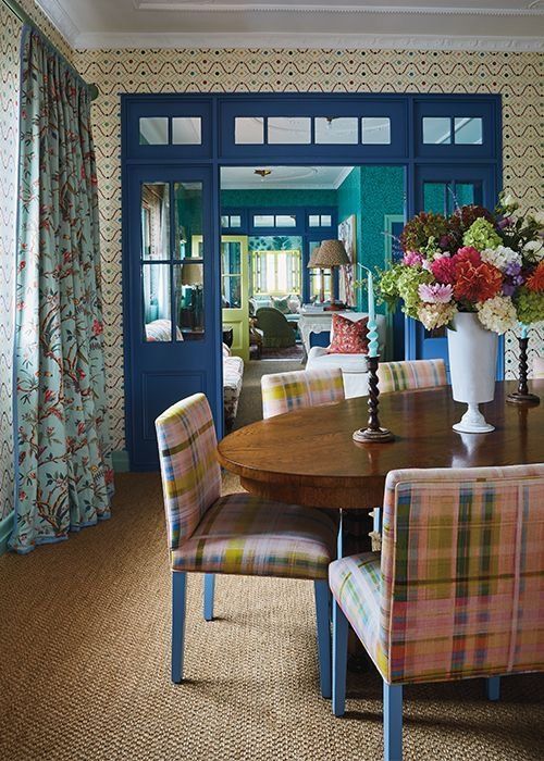 Dining Room With Plaid Chairs, Round Wood Table And Floral Curtains — Everyday Interiors in Helensburgh, NSW