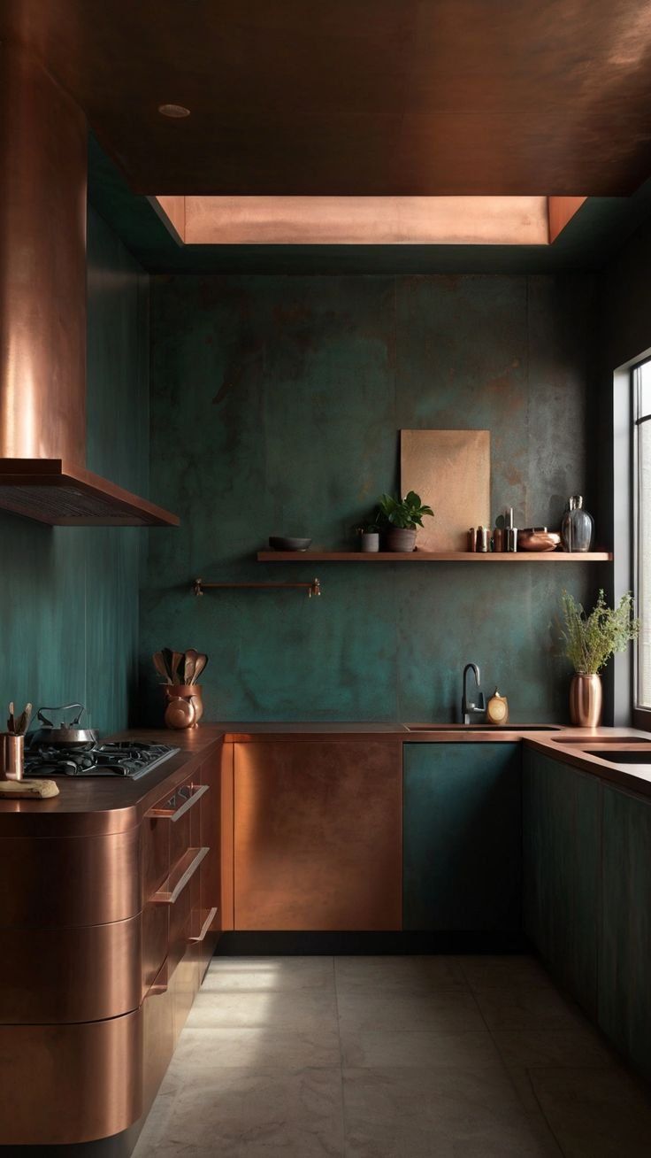 Modern Kitchen With Dark Green Walls And Wood Cabinets — Everyday Interiors in Helensburgh, NSW