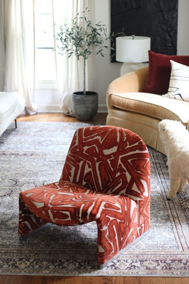 Red Patterned Floor Chair On A Rug In A Bright Living Room With Sofa — Everyday Interiors in Helensburgh, NSW