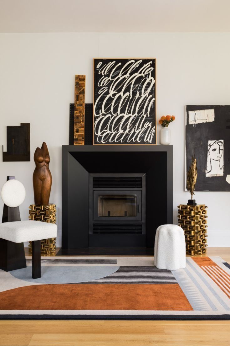 Modern Living Room With Black Fireplace And Abstract Art — Everyday Interiors in Helensburgh, NSW