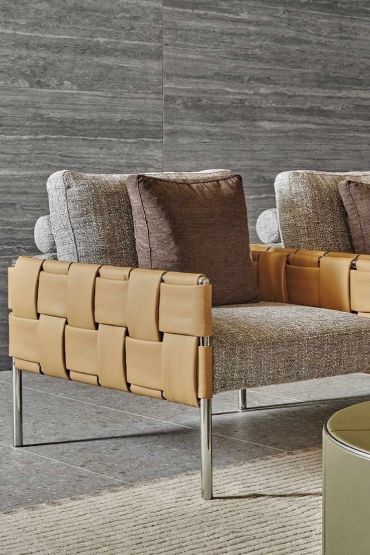 Modern Lounge Chair With Tan Woven Sides And Beige Cushions — Everyday Interiors in Helensburgh, NSW