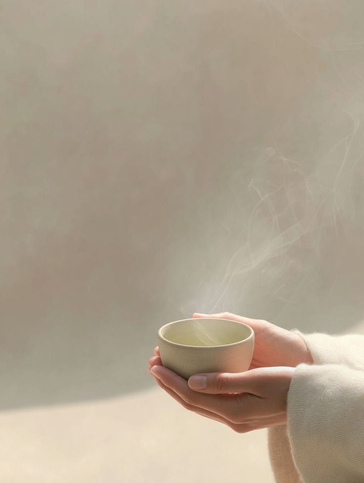 Hands Holding A Small Ceramic Cup Against A Soft Beige Background — Everyday Interiors in Helensburgh, NSW