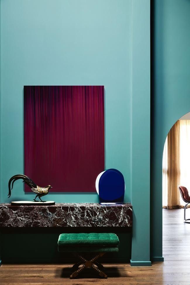 Turquoise Room With A Dark Marble Desk And Green Bench — Everyday Interiors in Helensburgh, NSW