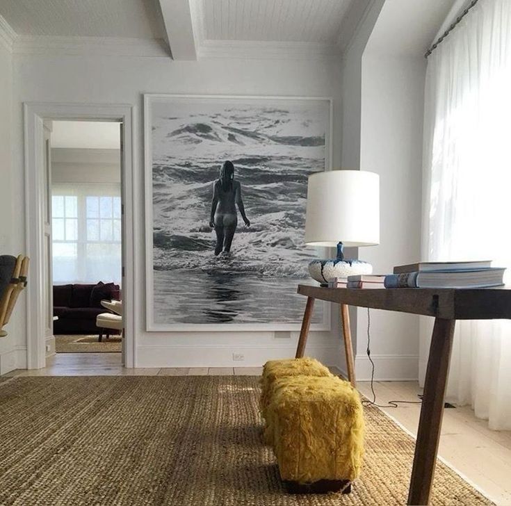 Bright White Room With Woven Rug, Wooden Table And Yellow Stool — Everyday Interiors in Helensburgh, NSW