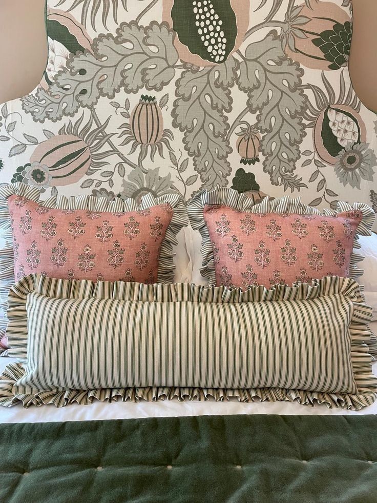Bed With Floral Wallpaper, Pink Patterned Pillows And Striped Bolster — Everyday Interiors in Helensburgh, NSW