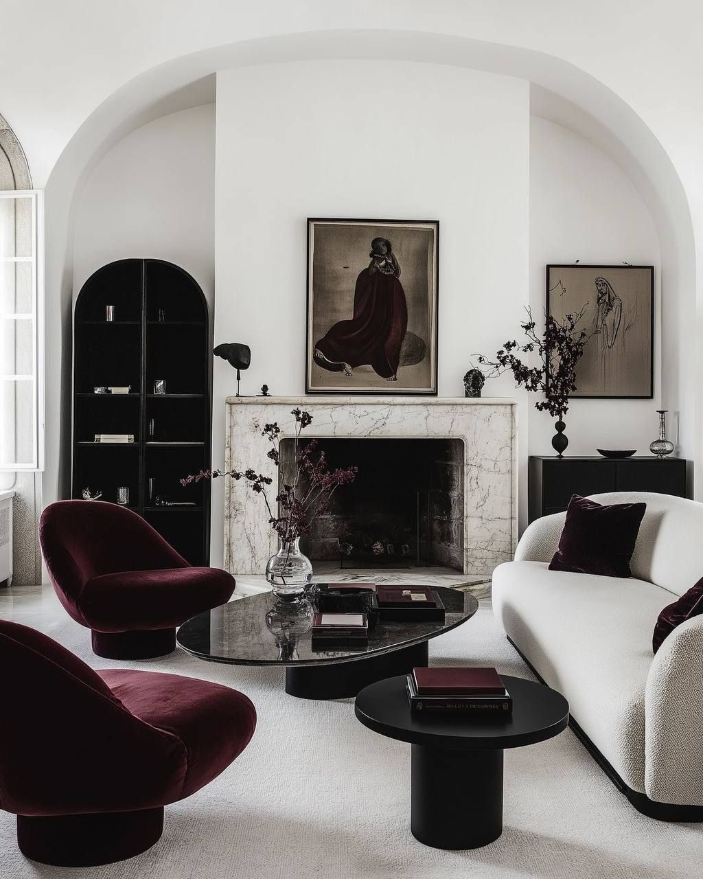 Elegant Living Room With Arched Alcove, Fireplace And Burgundy Chairs — Everyday Interiors in Helensburgh, NSW