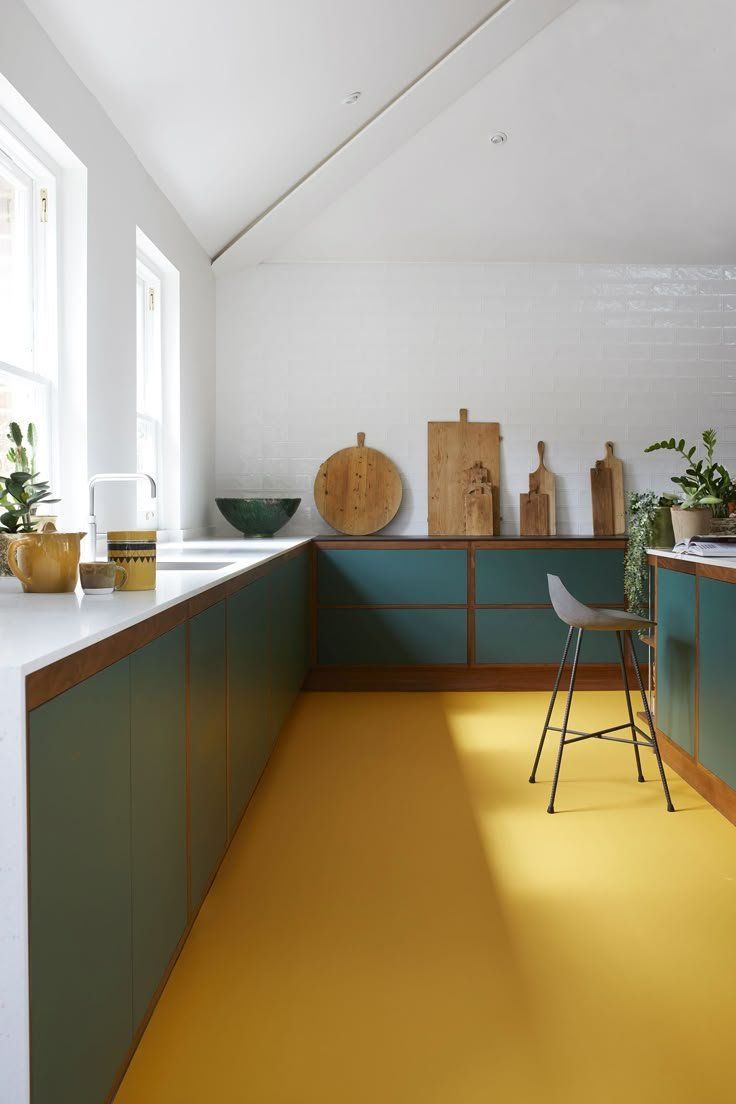 Bright Kitchen With Teal Cabinets, Mustard Floor And White Walls — Everyday Interiors in Helensburgh, NSW