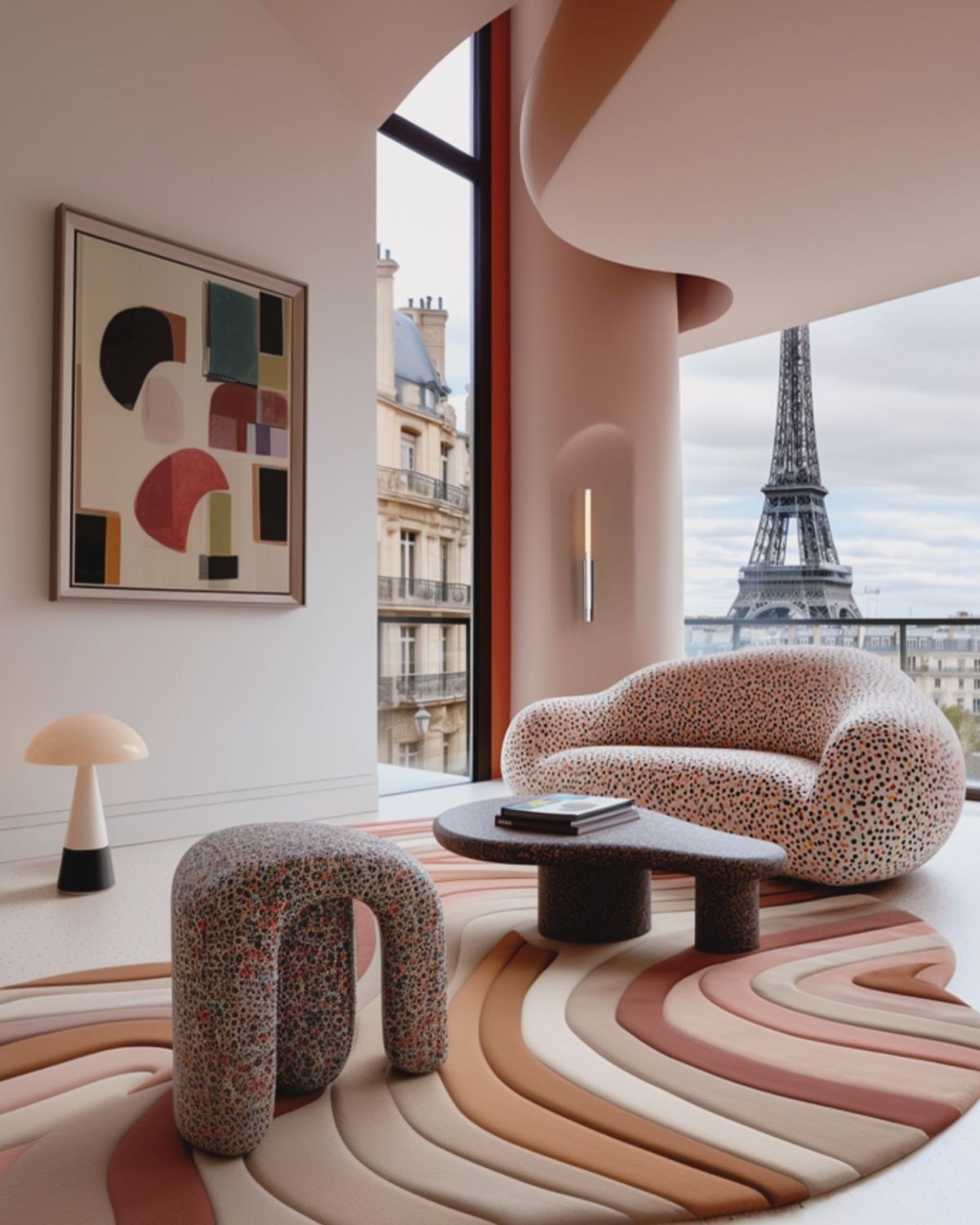 Stylish Pink Living Room With Curved Furniture And An Abstract Decor — Everyday Interiors in Helensburgh, NSW